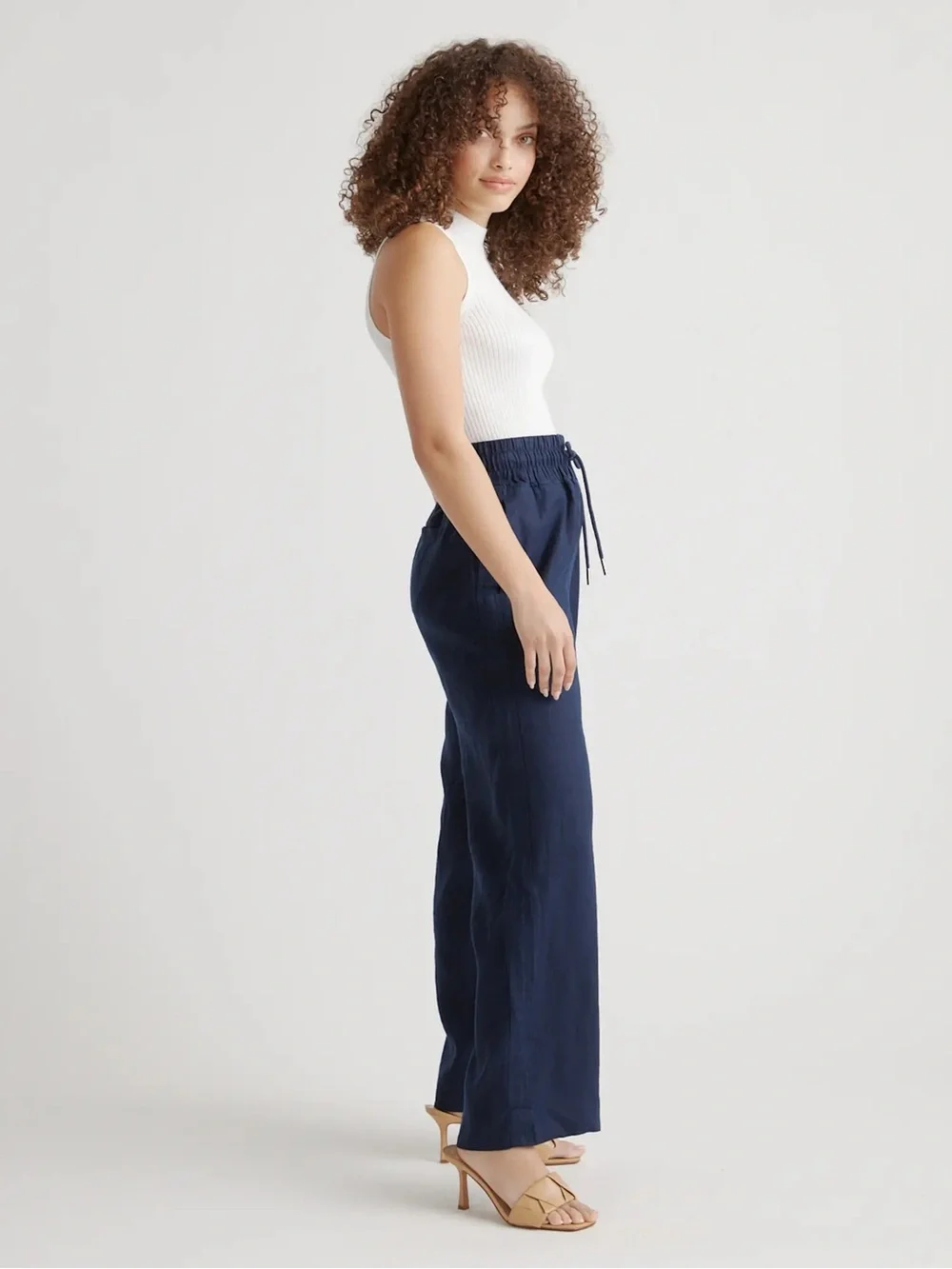Quince 100% European Linen Wide Leg Drawstring Pants Deep Navy Size Medium